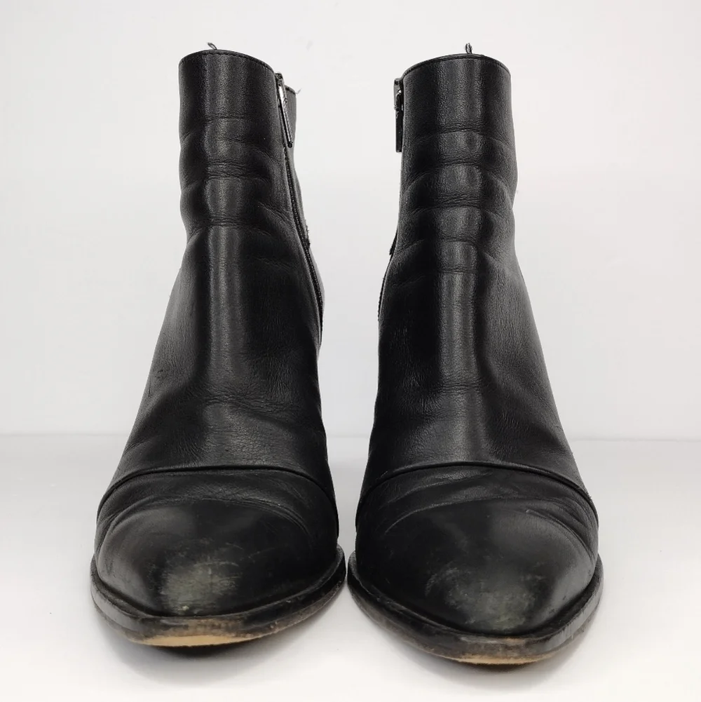 Vince Women's Black Leather Side Zipper Pointed Toe Stacked Heeled Ankle Boots